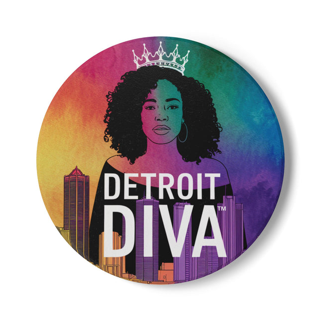 Round coaster with a silhouette of a woman, crown, and 'Detroit Diva' text against a colorful cityscape background.
