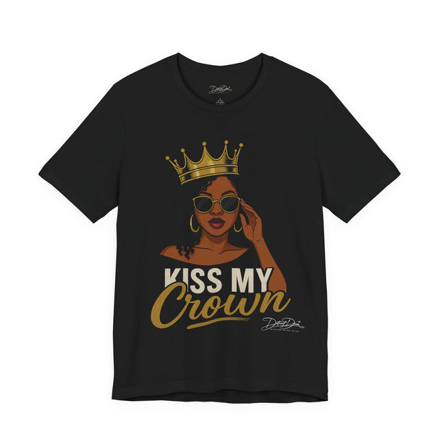 Black t-shirt with a graphic of a woman with a crown and text 'Kiss My Crown' on a white background