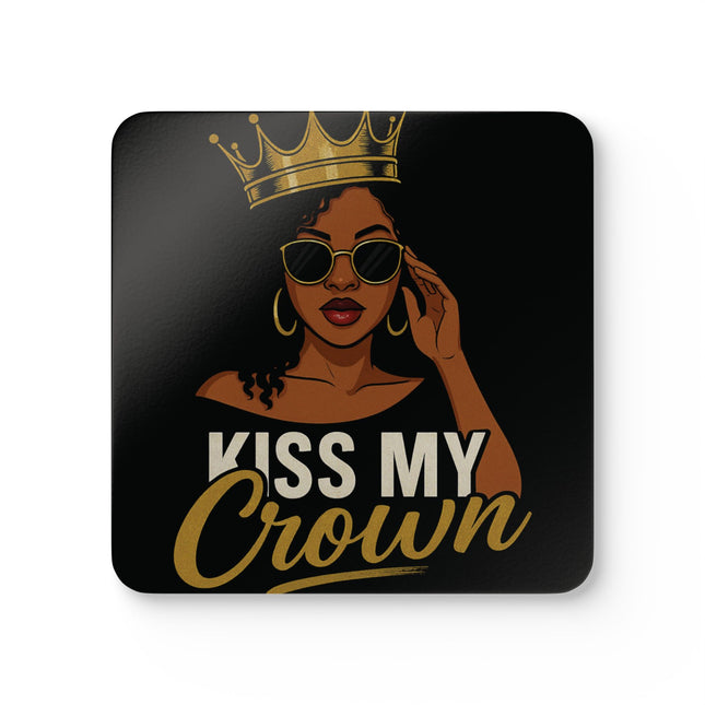 Mouse pad with a design of a woman wearing sunglasses and a crown with text 'Kiss My Crown' on a black background.