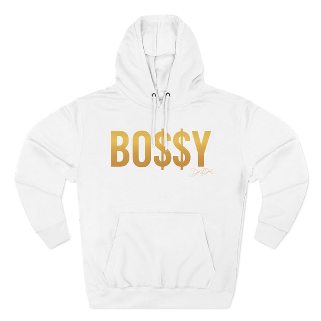 White hoodie with gold 'BOSSY' text on a white background