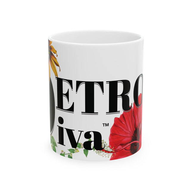 White mug with floral design and Detroit Diva branding on a white background