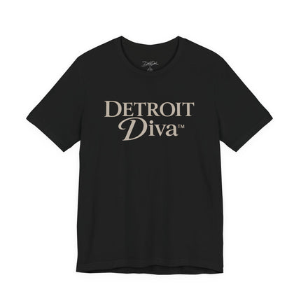 Black t-shirt with 'Detroit Diva' text on a white background