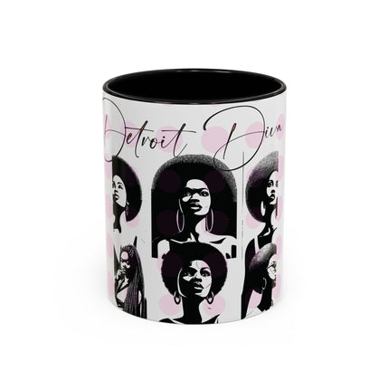 Mug with 'Detroit Diva' design featuring women with afros on a white background