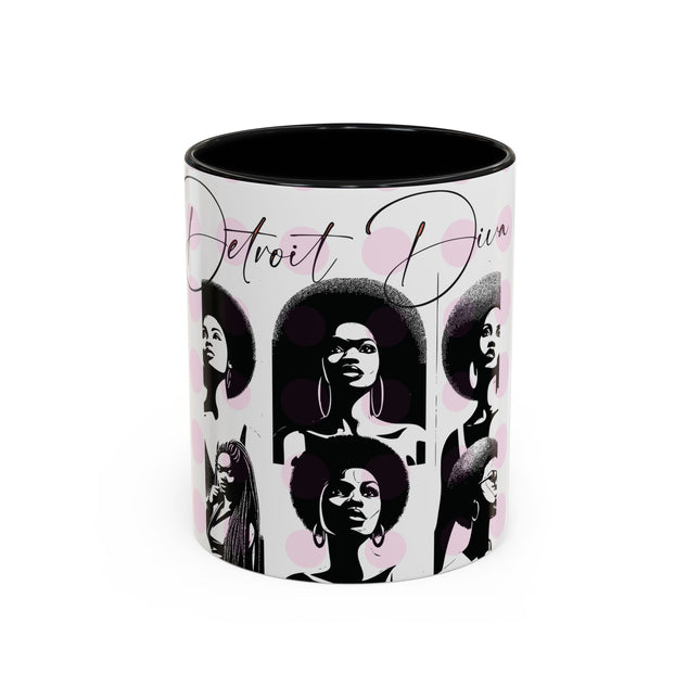 Mug with 'Detroit Diva' design featuring women with afros on a white background