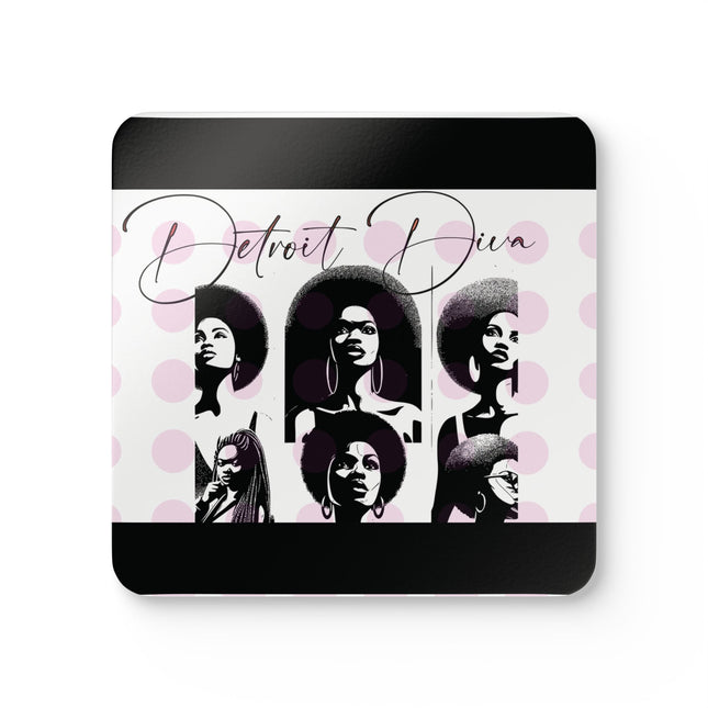Cork coaster with 'Detroit Diva' text and black and white illustrations of women on a pink polka dot background.