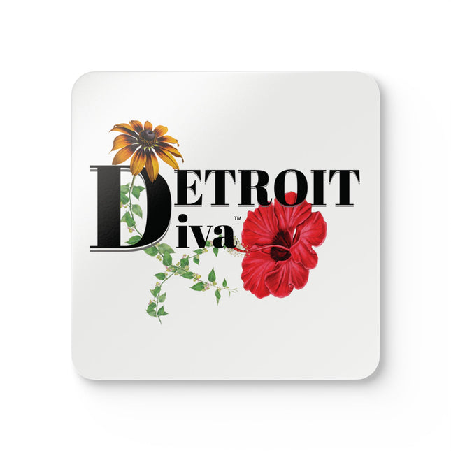 Coaster with 'Detroit Diva' text and floral designs on a white background