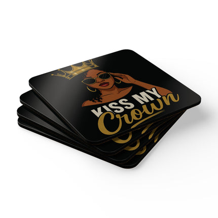 Set of coasters with a design of a woman with sunglasses and 'Kiss My Crown' text on a black background.