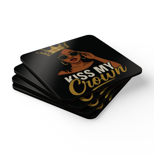 Set of coasters with a design of a woman with sunglasses and 'Kiss My Crown' text on a black background.