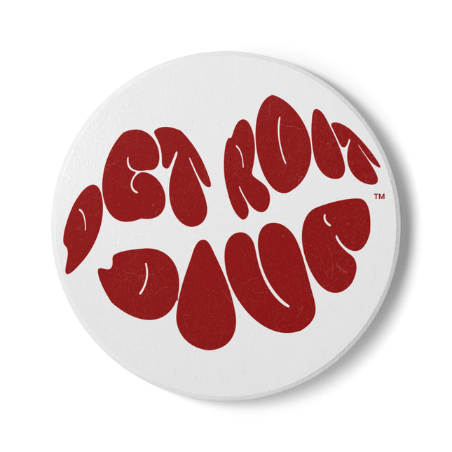 Round white ceramic coaster with red lips that say Detroit Diva  on a white background