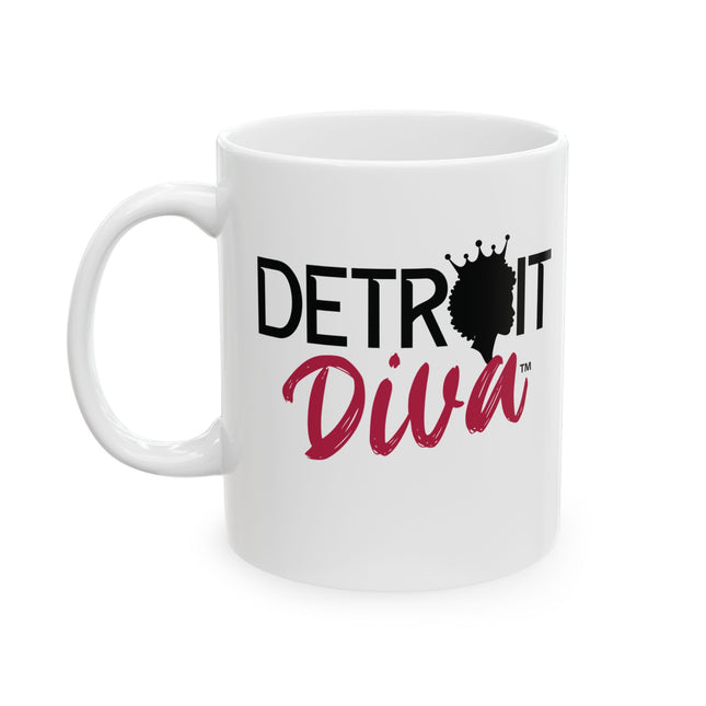 White mug with 'Detroit Diva' text and crown graphic on a white background