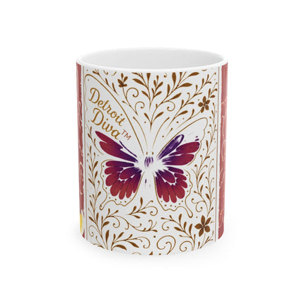 Decorative container with butterfly design and 'Detroit Diva' text on a white background