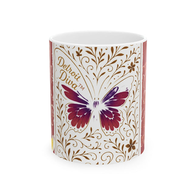 Decorative container with butterfly design and 'Detroit Diva' text on a white background