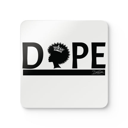 White coaster with 'Dope' design featuring a silhouette of a person with an afro and crown, on a white background.