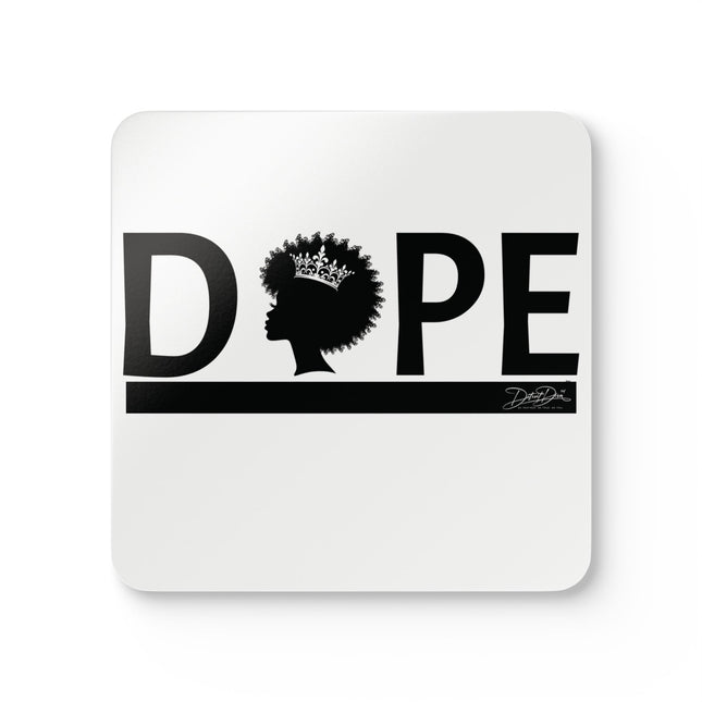 White coaster with 'Dope' design featuring a silhouette of a person with an afro and crown, on a white background.