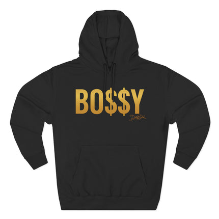 Black hoodie with 'BOSSY' printed in gold on a white background