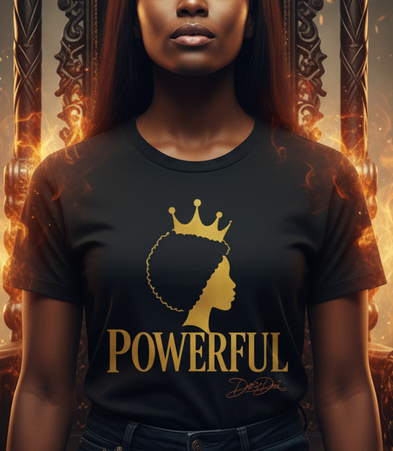 Woman wearing a t-shirt with 'POWERFUL' and a crown graphic, sitting on an ornate throne.