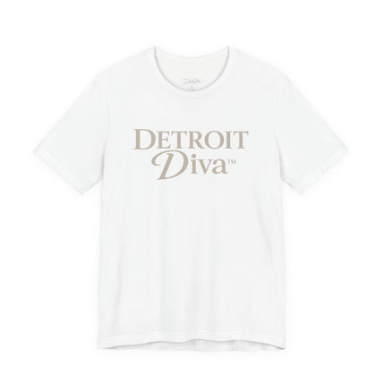 White t-shirt with 'Detroit Diva' text on a white background