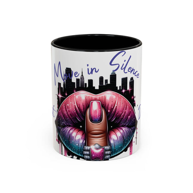 Mug with lips and cityscape design on a white background
