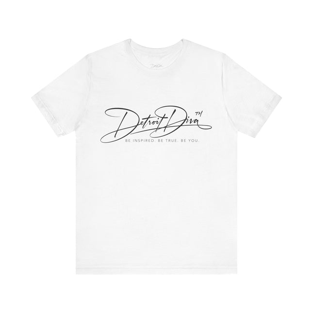 White t-shirt with 'Detroit Diva' text on a white background