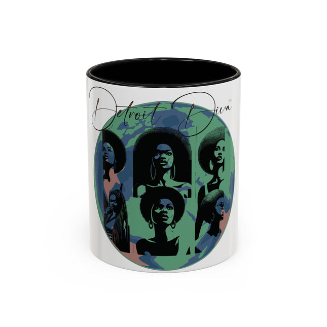 Mug with graphic design of women's silhouette and 'Detroit' text on a white background
