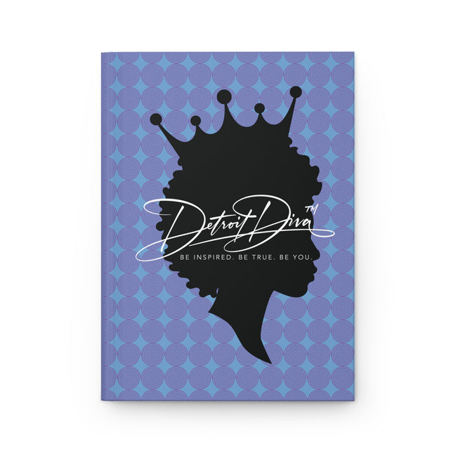 Lined journal with 'Detroit Diva' design on a purple patterned background 