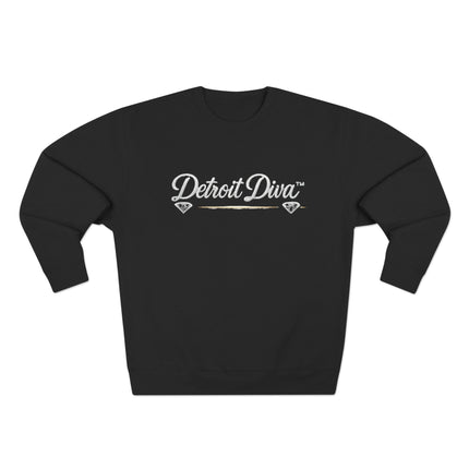 Black sweatshirt with 'Detroit Diva' text on a white background