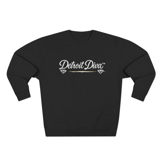 Black sweatshirt with 'Detroit Diva' text on a white background