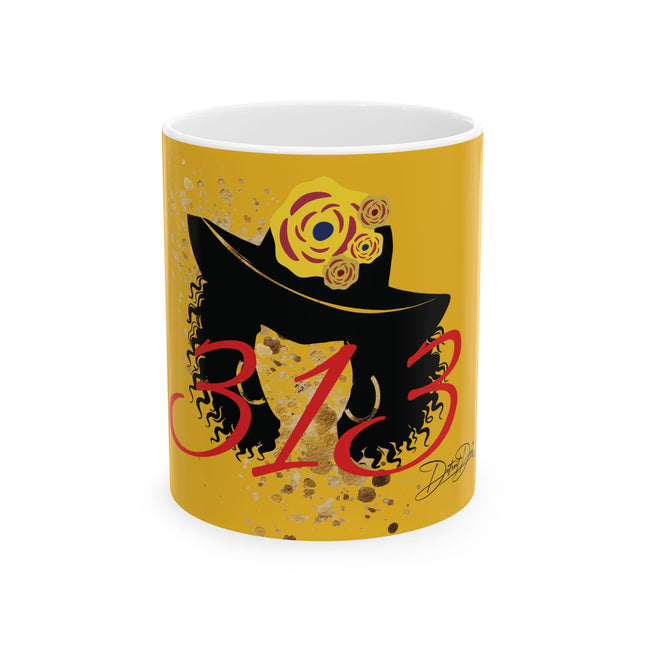 Yellow mug with black cat design and number '313' on a white background