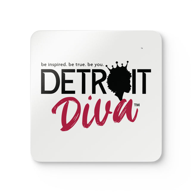 Cork coaster with 'Detroit Diva' text and design on a white background
