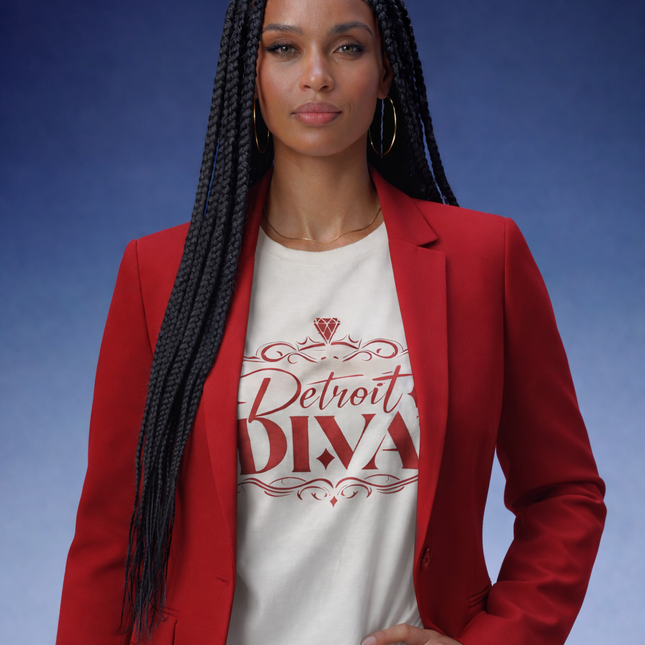 Woman wearing a red blazer over a 'Detroit Diva' t-shirt against a blue background