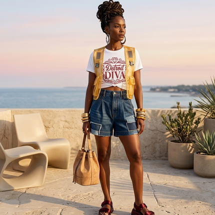 Woman standing on a rooftop with ocean view wearing a 'Detroit Diva' t-shirt.