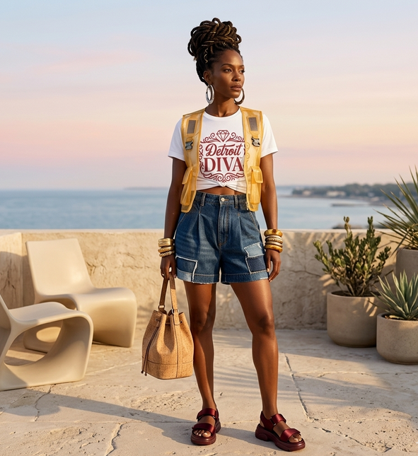 Woman standing on a rooftop with ocean view wearing a 'Detroit Diva' t-shirt.