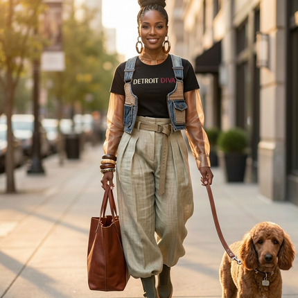 Woman walking a dog on a city street, wearing a 'Detroit' shirt and overalls.