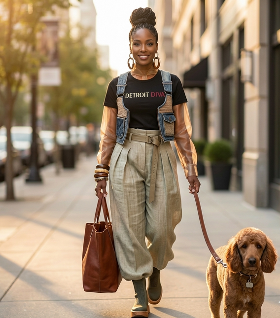 Woman walking a dog on a city street, wearing a 'Detroit' shirt and overalls.