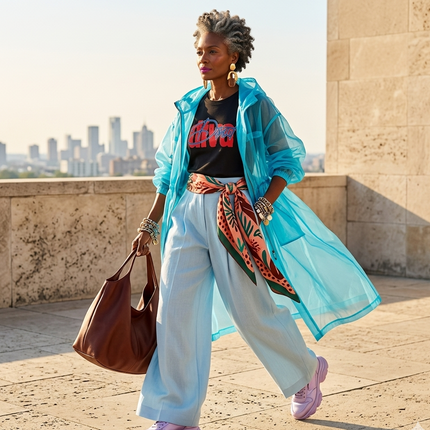 Woman in turquoise raincoat and white pants standing on a rooftop with cityscape in the background
