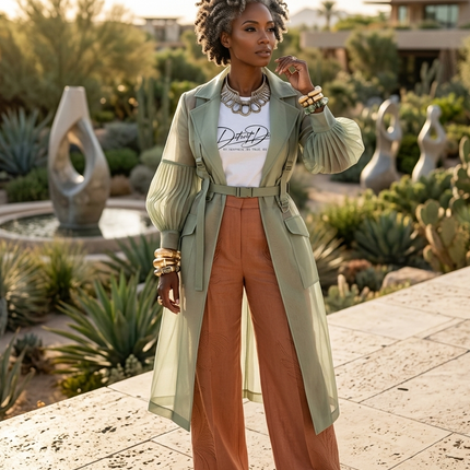 Woman in a stylish outfit standing in a garden with cacti and sculptures.