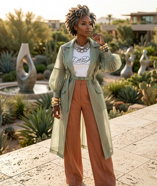 Woman in a stylish outfit standing in a garden with cacti and sculptures.