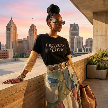 Woman on a rooftop with city skyline, wearing a 'Detroit Diva' t-shirt.