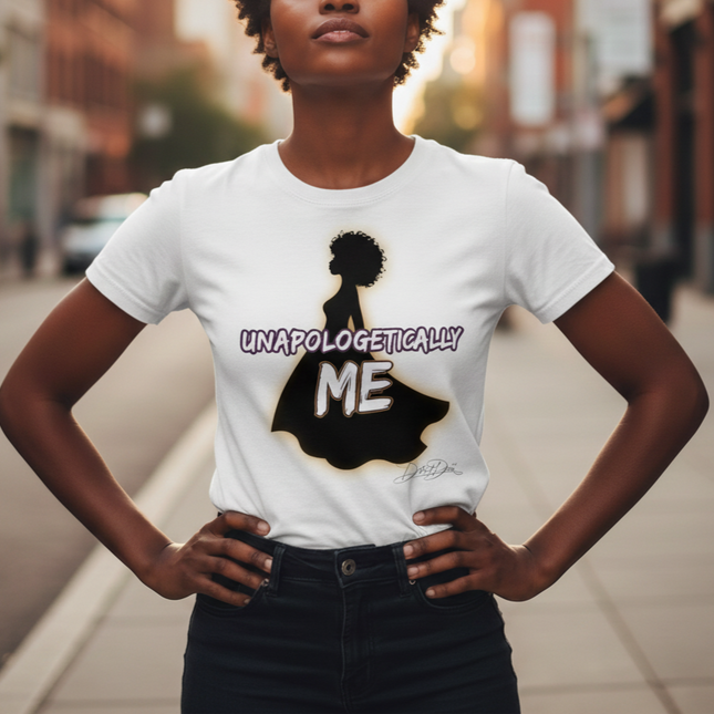 Woman wearing a white t-shirt with a graphic and text in an urban setting