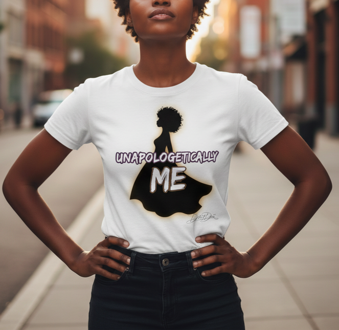 Woman wearing a white t-shirt with a graphic and text in an urban setting
