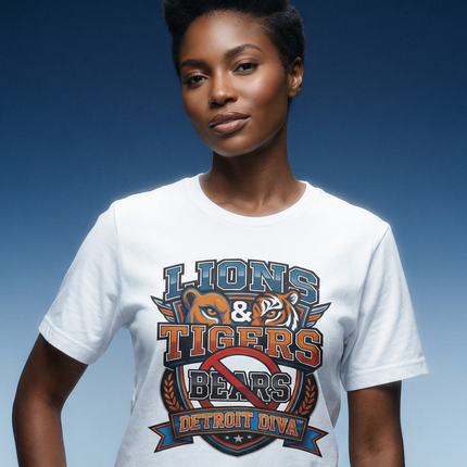 Person wearing a white t-shirt with 'Lions & Tigers & Bears Detroit Diva' design on a blue gradient background