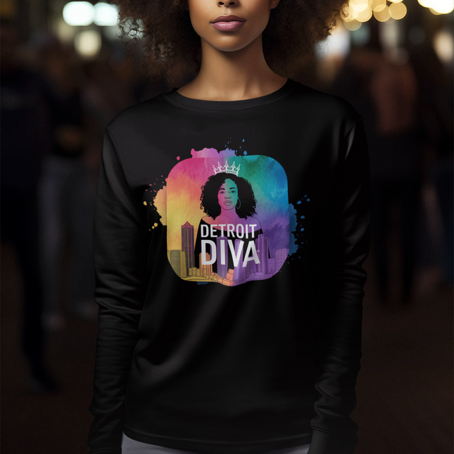 Woman wearing a black sweatshirt with 'Detroit Diva' design in a colorful circle.